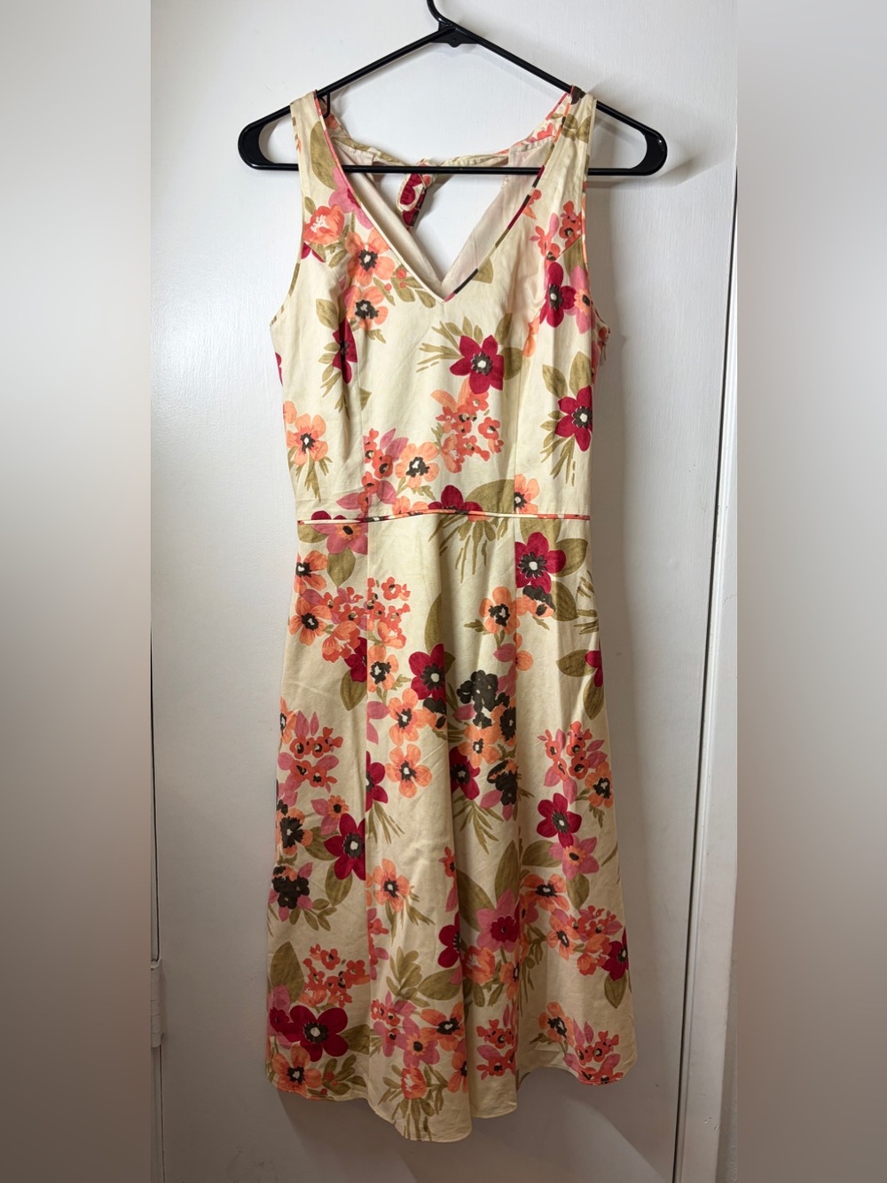 Vintage LOFT 100% Cotton Cream Red Brown Floral Fit & Flare Sleeveless Dress 0